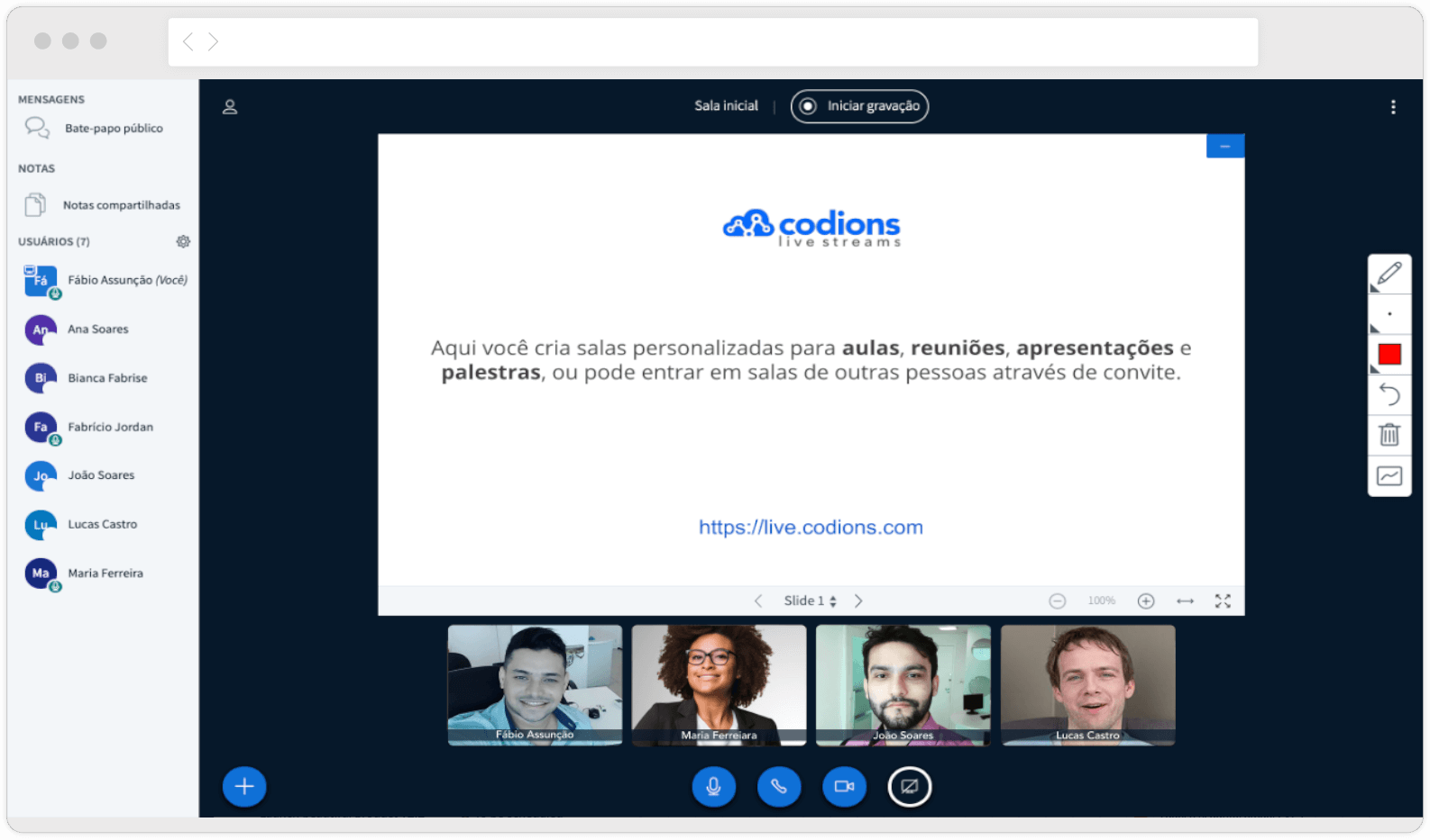 Interface do Codions Live